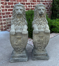 Load image into Gallery viewer, Vintage English Statues Garden Figures LIONS Shield Cast Stone PAIR 32&quot; #2