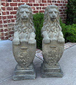 Vintage English Statues Garden Figures LIONS Shield Cast Stone PAIR 32" #2