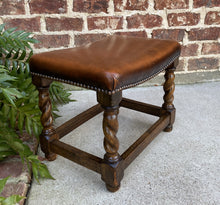 Load image into Gallery viewer, Antique English Stool Footstool Bench Barley Twist Leather Oak