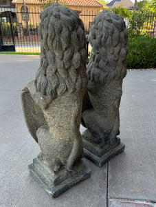 Vintage English Statues Garden Figures LIONS Shield Cast Stone PAIR 32" #2