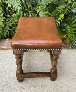 Antique English Stool Footstool Bench Barley Twist Leather Oak