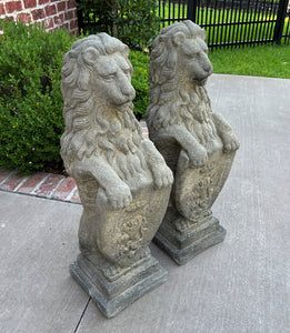 Vintage English Statues Garden Figures LIONS Shield Cast Stone PAIR 32" #2