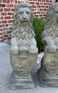 Vintage English Statues Garden Figures LIONS Shield Cast Stone PAIR 32" #2