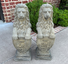 Load image into Gallery viewer, Vintage English Statues Garden Figures LIONS Shield Cast Stone PAIR 32&quot; #2