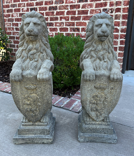 Vintage English Statues Garden Figures LIONS Shield Cast Stone PAIR 32
