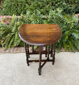 Antique English Table Drop Leaf Barley Twist Gateleg Tiger Oak Oval Nightstand