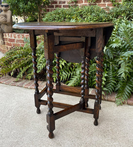 Antique English Table Drop Leaf Barley Twist Gateleg Tiger Oak Oval Nightstand