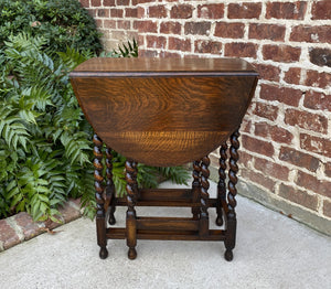 Antique English Table Drop Leaf Barley Twist Gateleg Tiger Oak Oval Nightstand