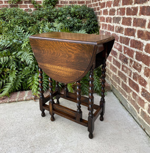 Antique English Table Drop Leaf Barley Twist Gateleg Tiger Oak Oval Nightstand