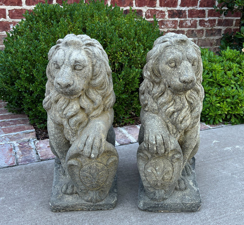 Vintage English Statues Garden Figures SEATED LIONS Shield Cast Stone PAIR 21