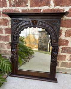 Antique English Mirror Renaissance Revival Oak Frame Figural Carvings Wood Back