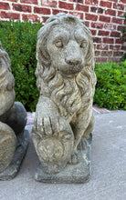 Load image into Gallery viewer, Vintage English Statues Garden Figures SEATED LIONS Shield Cast Stone PAIR 21&quot;