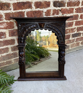 Antique English Mirror Renaissance Revival Oak Frame Figural Carvings Wood Back