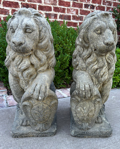 Vintage English Statues Garden Figures SEATED LIONS Shield Cast Stone PAIR 21"