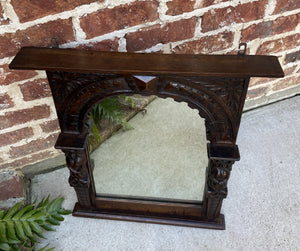 Antique English Mirror Renaissance Revival Oak Frame Figural Carvings Wood Back