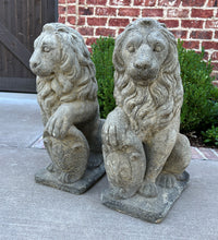 Load image into Gallery viewer, Vintage English Statues Garden Figures SEATED LIONS Shield Cast Stone PAIR 21&quot;