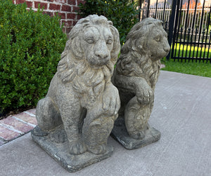 Vintage English Statues Garden Figures SEATED LIONS Shield Cast Stone PAIR 21"