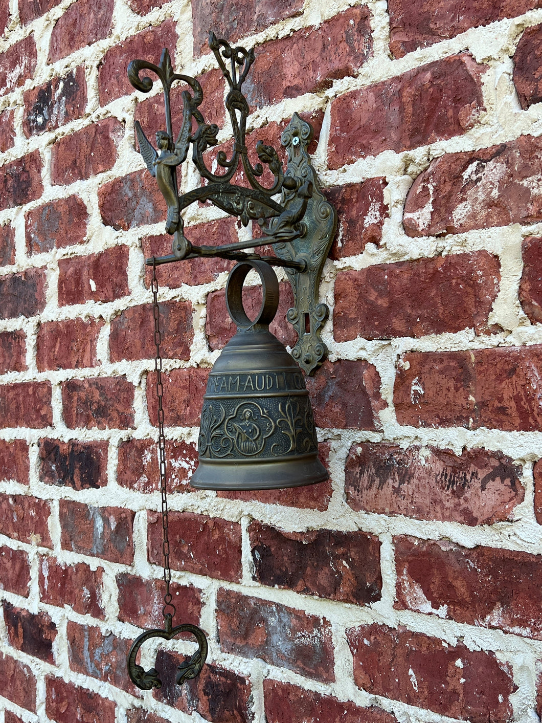 Antique English Hanging Brass Shop Bell Church Garden Dinner Bell Large 1920s