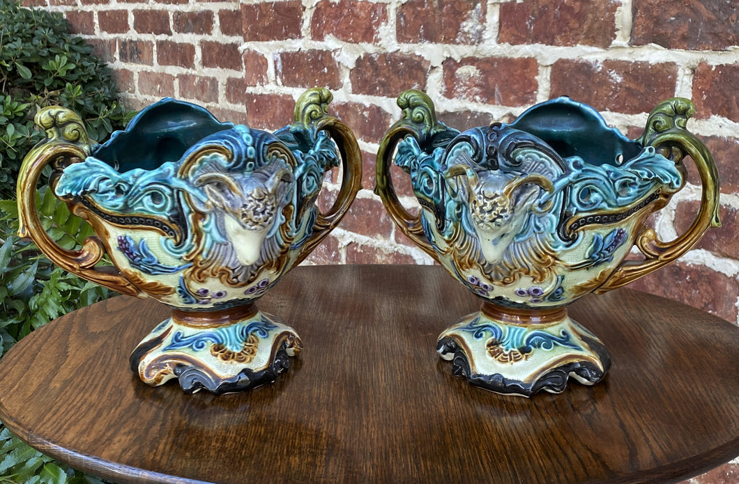 Antique French PAIR Majolica Cache Pots Planters Vases Flower Pots Jardinieres