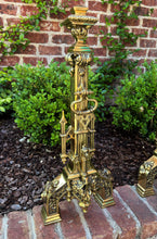 Load image into Gallery viewer, Antique French Gothic Revival Brass Andirons PAIR Fireplace Hearth Bird Masks