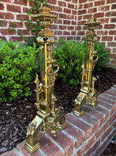 Load image into Gallery viewer, Antique French Gothic Revival Brass Andirons PAIR Fireplace Hearth Bird Masks