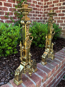 Antique French Gothic Revival Brass Andirons PAIR Fireplace Hearth Bird Masks