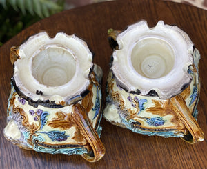 Antique French PAIR Majolica Cache Pots Planters Vases Flower Pots Jardinieres