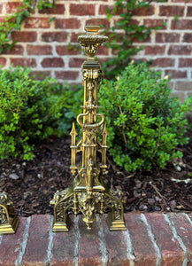 Antique French Gothic Revival Brass Andirons PAIR Fireplace Hearth Bird Masks