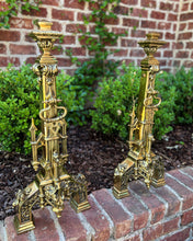 Load image into Gallery viewer, Antique French Gothic Revival Brass Andirons PAIR Fireplace Hearth Bird Masks