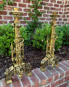 Antique French Gothic Revival Brass Andirons PAIR Fireplace Hearth Bird Masks