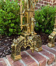 Load image into Gallery viewer, Antique French Gothic Revival Brass Andirons PAIR Fireplace Hearth Bird Masks