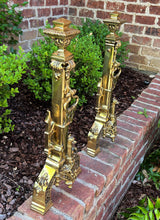 Load image into Gallery viewer, Antique French Gothic Revival Brass Andirons PAIR Fireplace Hearth Bird Masks
