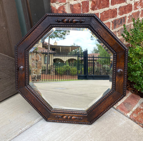 Antique English Mirror Jacobean Carved Oak Framed Beveled Mirror Octagonal 1930s