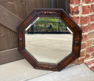 Antique English Mirror Jacobean Carved Oak Framed Beveled Mirror Octagonal 1930s