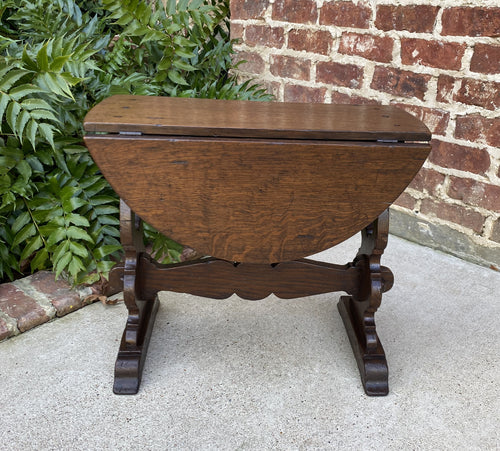 Antique English Table Drop Leaf Trestle Base PETITE Oak Pegged Table End Table