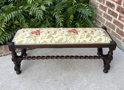 Antique English Bench Barley Twist Upholstered End of Bed Vanity Bench Oak