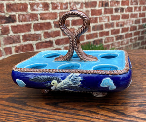 Antique English Majolica Egg Basket Tray Server Heron Bird J HOLDCROFT 1870 BLUE