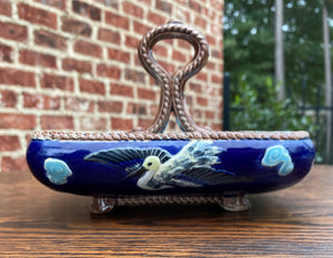 Antique English Majolica Egg Basket Tray Server Heron Bird J HOLDCROFT 1870 BLUE