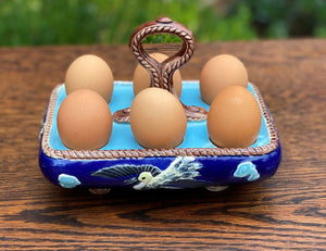 Antique English Majolica Egg Basket Tray Server Heron Bird J HOLDCROFT 1870 BLUE