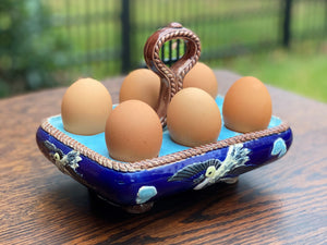 Antique English Majolica Egg Basket Tray Server Heron Bird J HOLDCROFT 1870 BLUE