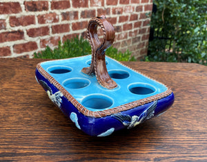 Antique English Majolica Egg Basket Tray Server Heron Bird J HOLDCROFT 1870 BLUE