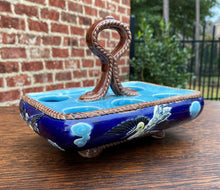 Load image into Gallery viewer, Antique English Majolica Egg Basket Tray Server Heron Bird J HOLDCROFT 1870 BLUE