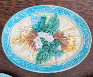 Antique French Majolica Set of 3 Plates Platter Floral Pastel Green Pink Blue