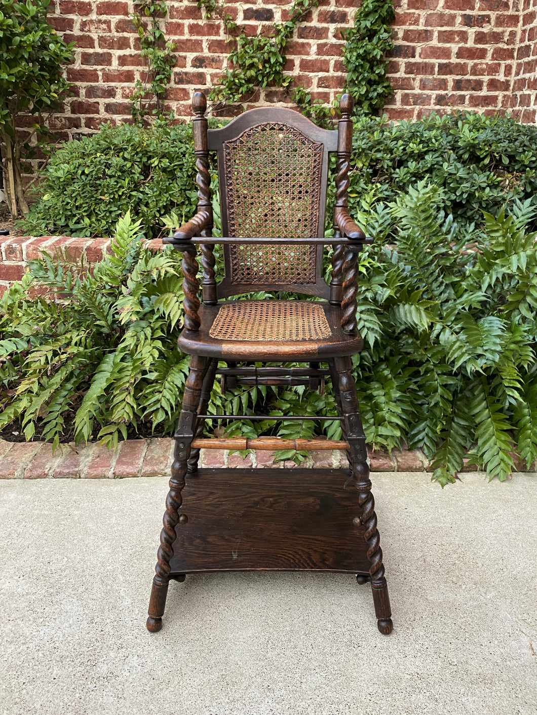 Antique English High Chair Child Caned Barley Twist Oak Maker's Tag Victorian