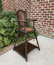 Load image into Gallery viewer, Antique English High Chair Child Caned Barley Twist Oak Maker&#39;s Tag Victorian