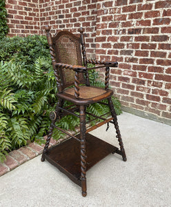 Antique English High Chair Child Caned Barley Twist Oak Maker's Tag Victorian