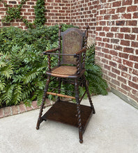 Load image into Gallery viewer, Antique English High Chair Child Caned Barley Twist Oak Maker&#39;s Tag Victorian