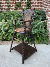 Load image into Gallery viewer, Antique English High Chair Child Caned Barley Twist Oak Maker&#39;s Tag Victorian