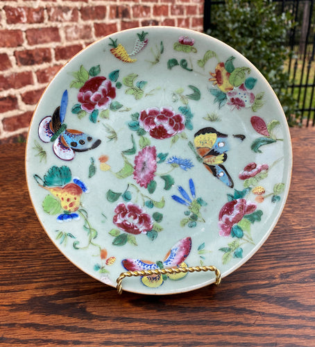 Antique Chinese Celadon Plate Hand Painted Canton Famille Rose Qing c. 1820 #1