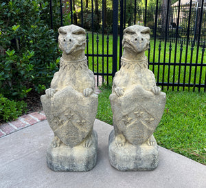 Vintage English Statues Garden Figures GARGOYLES Shield Cast Stone PAIR 28.5"